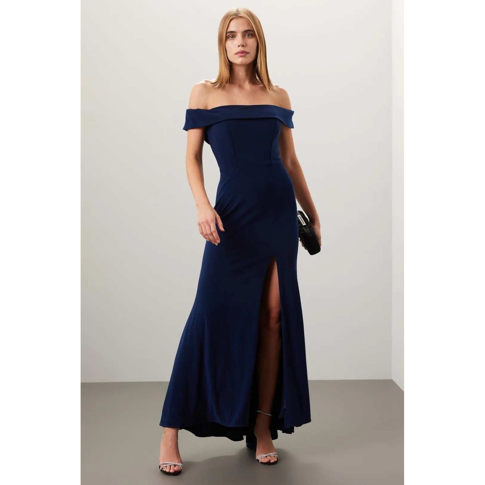 Faviana Navy Blue Off Shoulder Formal Gown Side Slit Maxi Dress Evening Sz 12